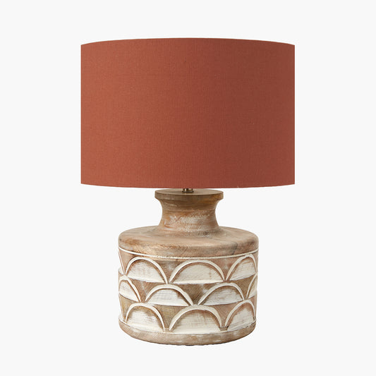 Kingsbury White Wash Large Carved Wood Table Lamp Base with Lino 40cm Cinnamon Self Lined Linen Cylinder Lampshade
