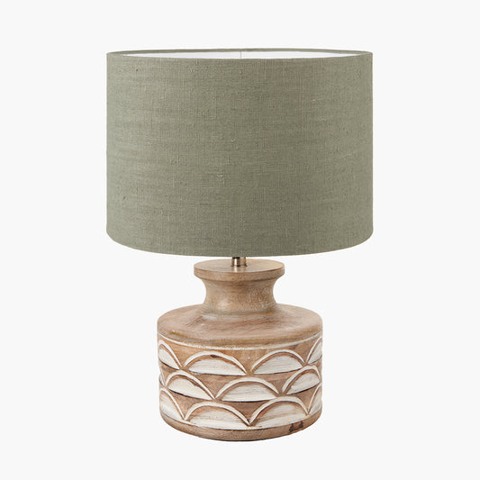 Kingsbury White Wash Carved Wood Table Lamp Base with Edward 30cm Pistachio Green Linen Cylinder Lampshade