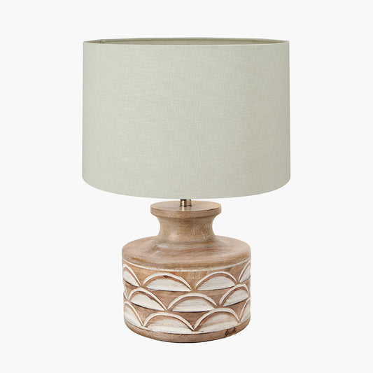 Kingsbury White Wash Carved Wood Table Lamp Base with Lino 30cm Cream Self Lined Linen Cylinder Lampshade