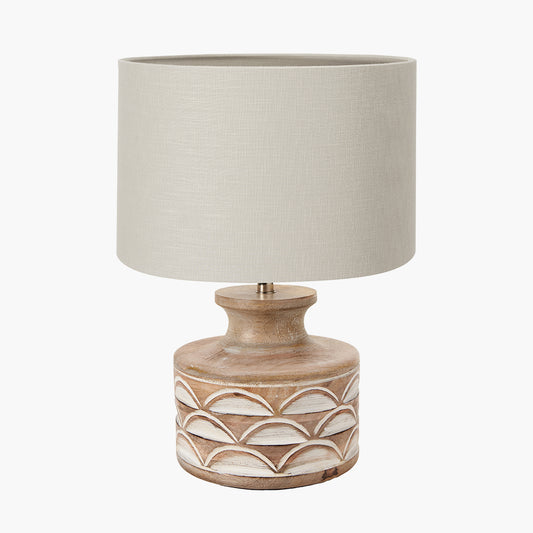 Kingsbury White Wash Carved Wood Table Lamp Base with Lino 30cm Grey Self Lined Linen Cylinder Lampshade