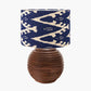 Pembury Brown Wash Large Turned Wood Table Lamp Base with Lars 40cm Ocean Blue Ikat Patterned Cylinder Lampshade