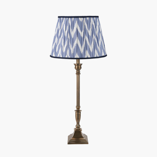 Canterbury Antique Brass Metal Table Lamp Base with Kamilah 40cm Blue Chevron Patterned Mushroom Pleat Tapered Lamp Shade