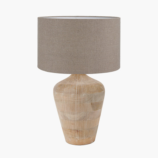 Taika White Wash Textured Wood Table Lamp Base with Edward 40cm Natural Linen Cylinder Lampshade