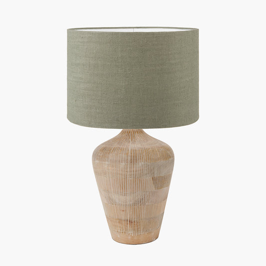 Taika White Wash Textured Wood Table Lamp Base with Edward 40cm Pistachio Green Linen Cylinder Lampshade