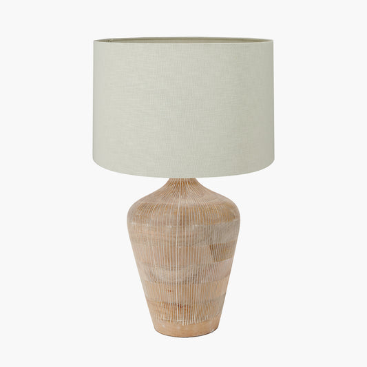 Taika White Wash Textured Wood Table Lamp Base with Lino 40cm Cream Self Lined Linen Cylinder Lampshade