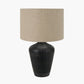 Taika Antique Black Textured Wood Table Lamp Base with Edward 40cm Natural Linen Cylinder Lampshade