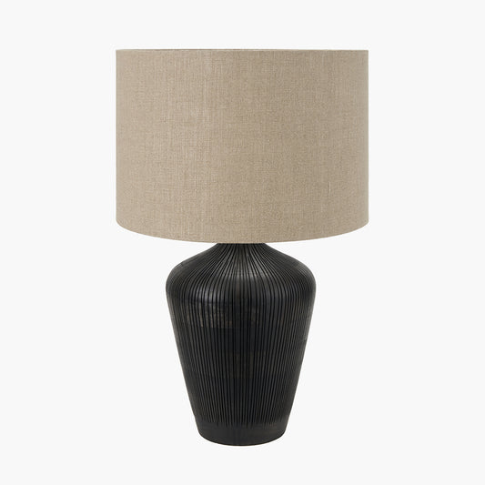 Taika Antique Black Textured Wood Table Lamp Base with Edward 40cm Natural Linen Cylinder Lampshade
