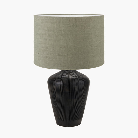 Taika Antique Black Textured Wood Table Lamp Base with Edward 40cm Pistachio Green Linen Cylinder Lampshade