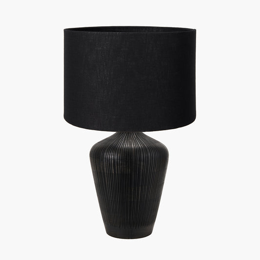 Taika Antique Black Textured Wood Table Lamp Base with Lino 40cm Black Self Lined Linen Cylinder Lampshade