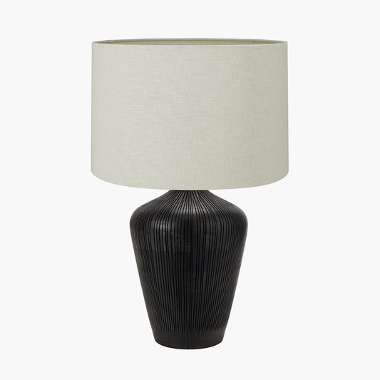 Taika Antique Black Textured Wood Table Lamp Base with Lino 40cm Cream Self Lined Linen Cylinder Lampshade