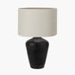Taika Antique Black Textured Wood Table Lamp Base with Lino 40cm Grey Self Lined Linen Cylinder Lampshade