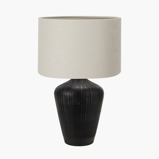 Taika Antique Black Textured Wood Table Lamp Base with Lino 40cm Grey Self Lined Linen Cylinder Lampshade