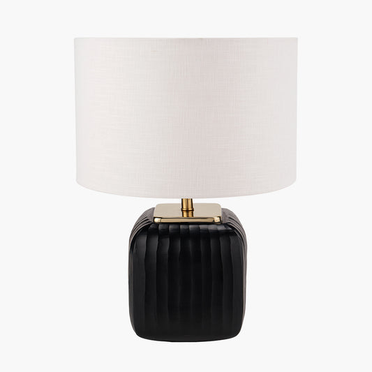 Anais Matt Black Cold Cut Glass Square Table Lamp Base with Lino 35cm White Self Lined Linen Cylinder Lampshade