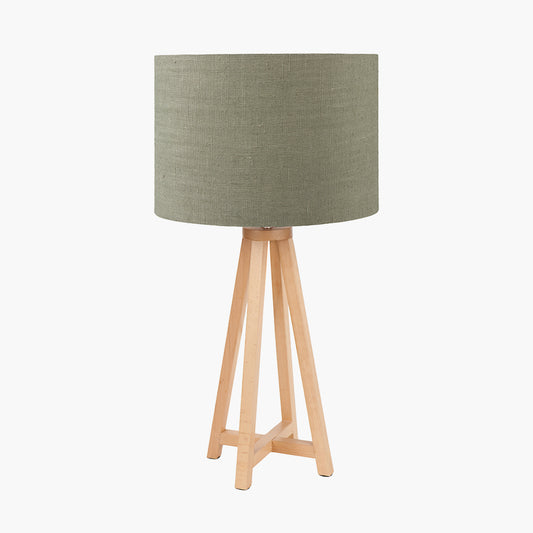 Whitby Natural Wood Tapered 4 Post Table Lamp Base with Edward 35cm Pistachio Green Linen Cylinder Lampshade