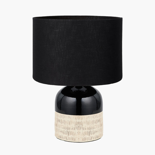 Lotta Black and Natural Stoneware Table Lamp Base with Lino 35cm Black Self Lined Linen Cylinder Lampshade