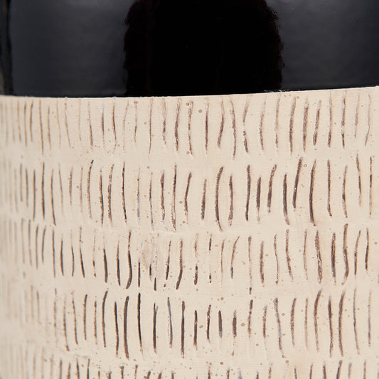 Lotta Black and Natural Stoneware Table Lamp Base with Lino 35cm Black Self Lined Linen Cylinder Lampshade