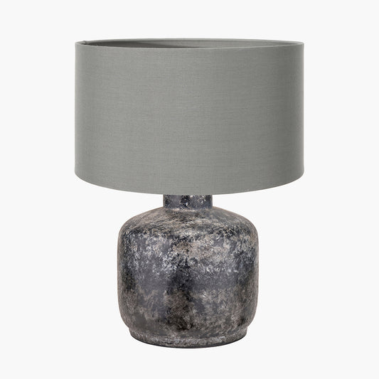 Vulcan Textured Volcanic Effect Grey Small Stoneware Table Lamp Base with Harry 30cm Steel Grey Cotton Mix Cylinder Lampshade