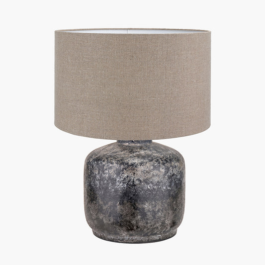 Vulcan Textured Volcanic Effect Grey Small Stoneware Table Lamp Base with Edward 30cm Natural Linen Cylinder Lampshade