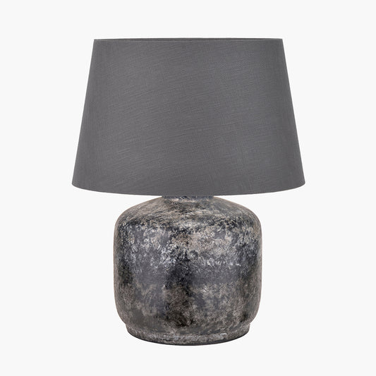 Vulcan Textured Volcanic Effect Grey Small Stoneware Table Lamp Base with Lys 30cm Steel Grey Self Lined Linen Tapered Lampshade