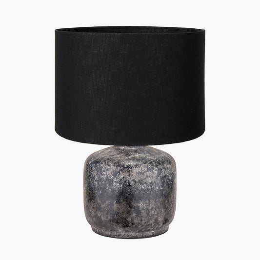 Vulcan Textured Volcanic Effect Grey Small Stoneware Table Lamp Base with Lino 25cm Black Self Lined Linen Cylinder Lampshade