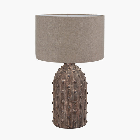 Kali Textured Dot Grey Stoneware Table Lamp Base with Edward 30cm Natural Linen Cylinder Lampshade