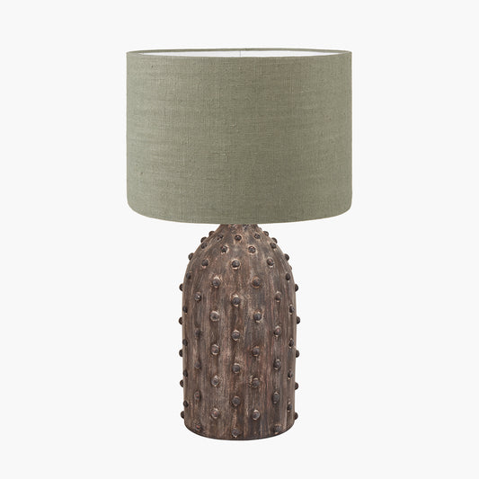 Kali Textured Dot Grey Stoneware Table Lamp Base with Edward 30cm Pistachio Green Linen Cylinder Lampshade