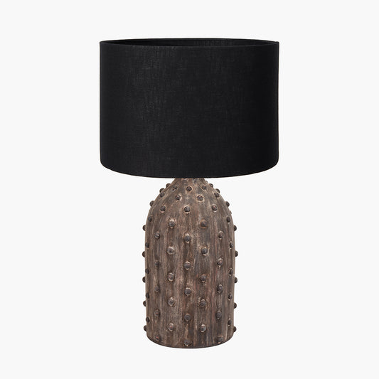 Kali Textured Dot Grey Stoneware Table Lamp Base with Lino 30cm Black Self Lined Linen Cylinder Lampshade