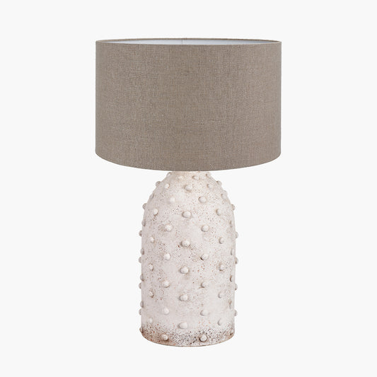 Kali Textured Dot Light Grey Stoneware Table Lamp Base with Edward 30cm Natural Linen Cylinder Lampshade