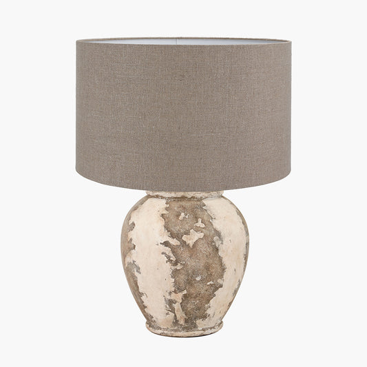 Lulia Antique Finish Stoneware Urn Table Lamp Base with Edward 45cm Natural Linen Cylinder Lampshade