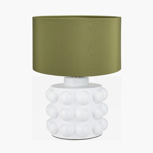 Serenity White Bobbled Ceramic Large Table Lamp Base with Harry 40cm Sage Cotton Mix Cylinder Lampshade