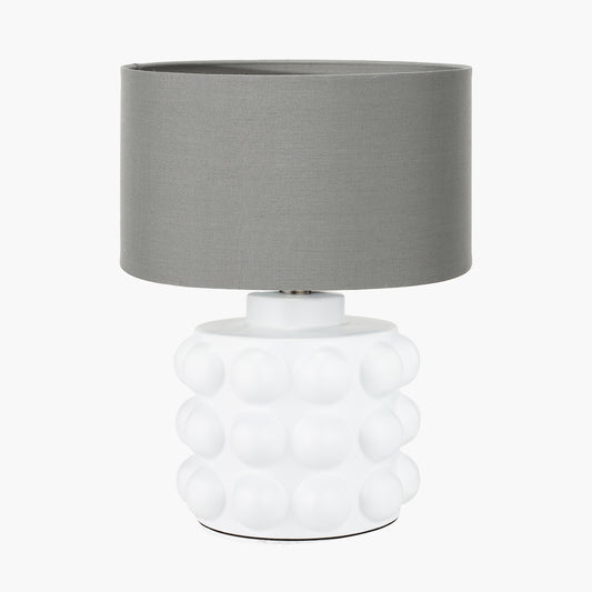 Serenity White Bobbled Ceramic Large Table Lamp Base with Harry 40cm Steel Grey Cotton Mix Cylinder Lampshade