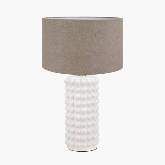 Sohan White Bobbled Ceramic Tall Table Lamp Base with Edward 40cm Natural Linen Cylinder Lampshade