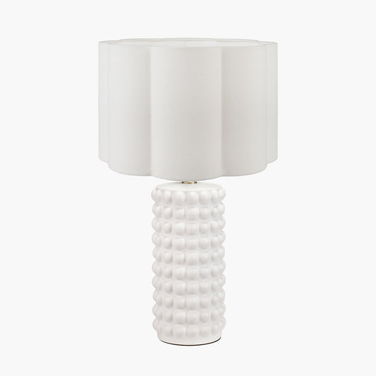 Sohan White Bobbled Ceramic Tall Table Lamp Base with Bloom 40cm White Handloom Scalloped Cylinder Lampshade