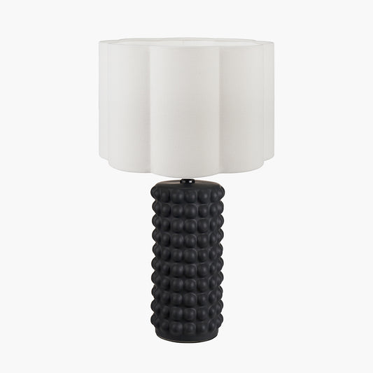 Sohan Black Bobbled Ceramic Tall Table Lamp Base with Bloom 40cm White Handloom Scalloped Cylinder Lampshade