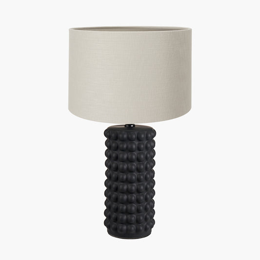 Sohan Black Bobbled Ceramic Tall Table Lamp Base with Lino 40cm Grey Self Lined Linen Cylinder Lampshade