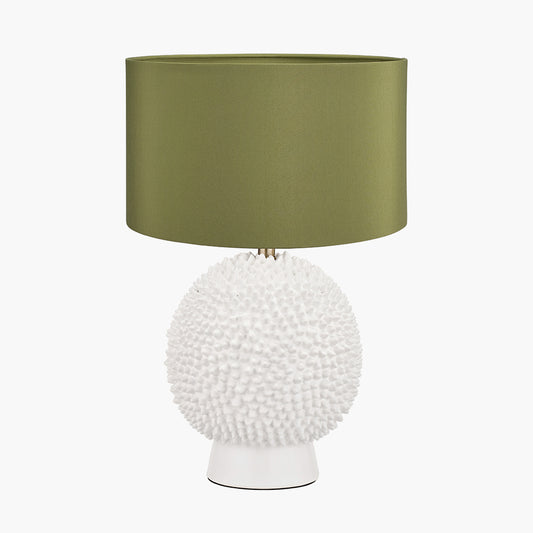 Wrenley Cream Ceramic Sea Urchin Table Lamp Base with Harry 35cm Sage Cotton Mix Cylinder Lampshade