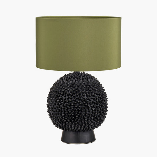Wrenley Black Ceramic Sea Urchin Table Lamp Base with Harry 35cm Sage Cotton Mix Cylinder Lampshade