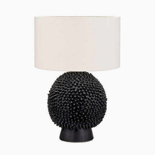 Wrenley Black Ceramic Sea Urchin Table Lamp Base with Henry 35cm White Handloom Cylinder Lampshade