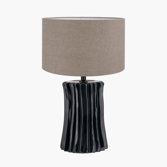 Devony Black Pleated Ceramic Table Lamp Base with Edward 35cm Natural Linen Cylinder Lampshade