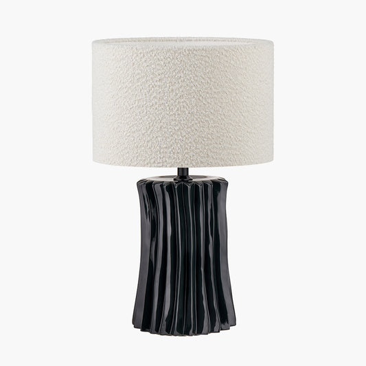 Devony Black Pleated Ceramic Table Lamp Base with Rouen 35cm White Boucle Cylinder Lampshade