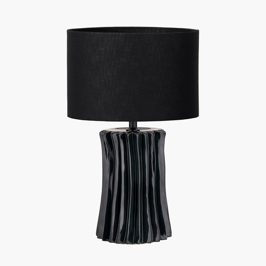Devony Black Pleated Ceramic Table Lamp Base with Lino 35cm Black Self Lined Linen Cylinder Lampshade