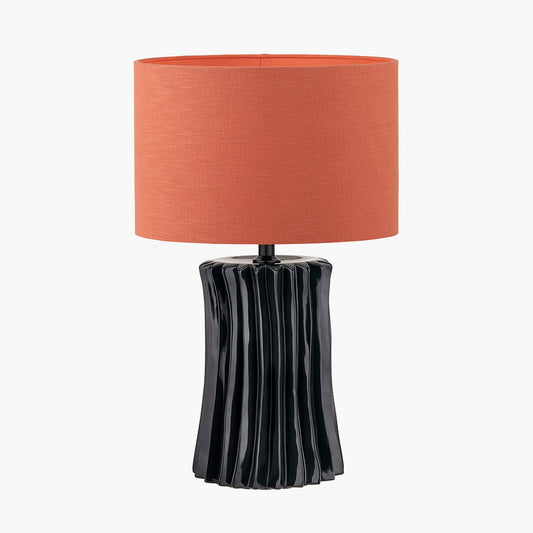Devony Black Pleated Ceramic Table Lamp Base with Lino 35cm Cinnamon Self Lined Linen Cylinder Lampshade