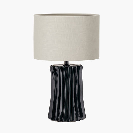 Devony Black Pleated Ceramic Table Lamp Base with Lino 35cm Grey Self Lined Linen Cylinder Lampshade