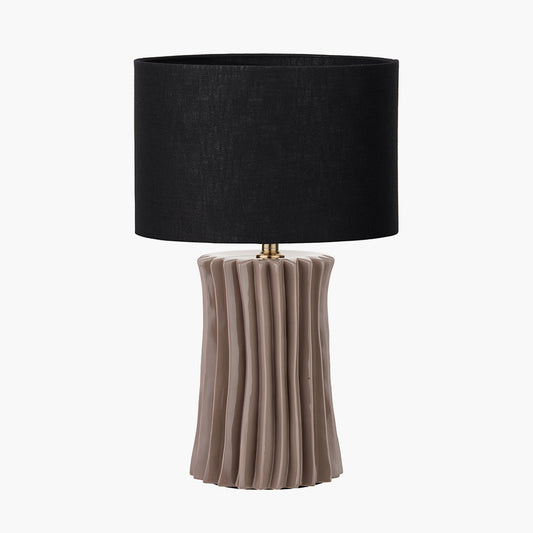 Devony Taupe Pleated Ceramic Table Lamp Base with Lino 35cm Black Self Lined Linen Cylinder Lampshade