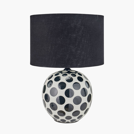 Larisa Black Polka Dot Ceramic Table Lamp Base with Lino 35cm Black Self Lined Linen Cylinder Lampshade