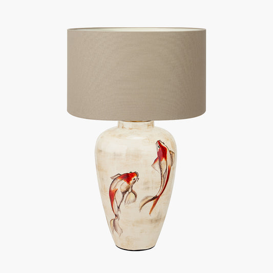 Emerayn Koi Natural Ceramic Table Lamp Base with Henry 40cm Taupe Handloom Cylinder Lampshade