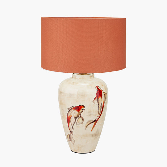 Emerayn Koi Natural Ceramic Table Lamp Base with Henry 40cm Tobacco Handloom Cylinder Lampshade