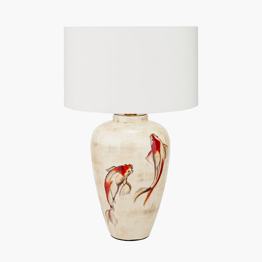 Emerayn Koi Natural Ceramic Table Lamp Base with Henry 40cm White Handloom Cylinder Lampshade