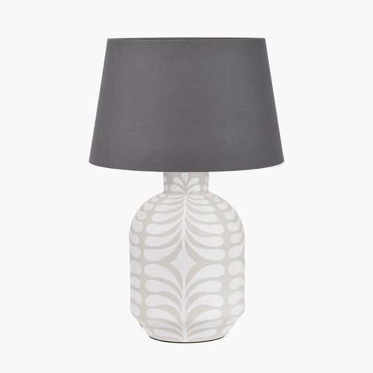 Tania Grey and White Pattern Ceramic Table Lamp Base with Lys 40cm Steel Grey Self Lined Linen Tapered Lampshade