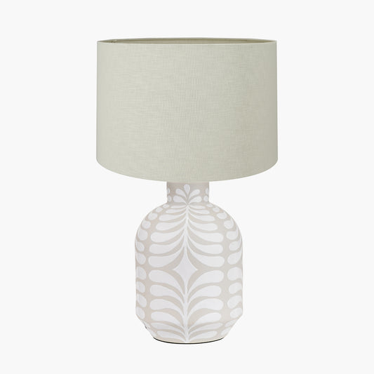 Tania Grey and White Pattern Ceramic Table Lamp Base with Lino 35cm Cream Self Lined Linen Cylinder Lampshade
